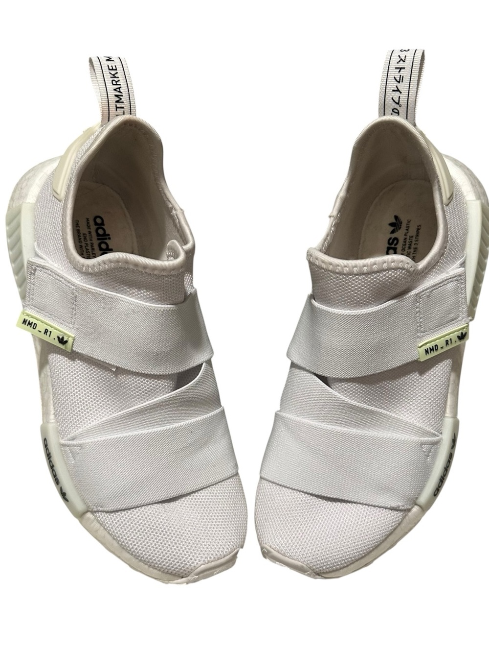 adidas NMD-R1 White Slip-On Strap Sneakers with Cream Accents